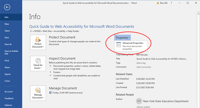 what is document properties word 2013