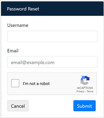 Password reset pop-up window