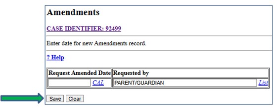 Screenshot of amendments data entry screen. Save button is indicated by an arrow.