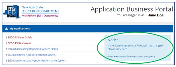 Screenshot of NYSED Application Business Portal dashboard. Link to information on changing contact information is circled.