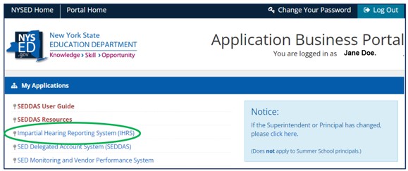 Screenshot of Business Application Portal dashboard. Link to Impartial Hearing Reporting System (IHRS) is circled.