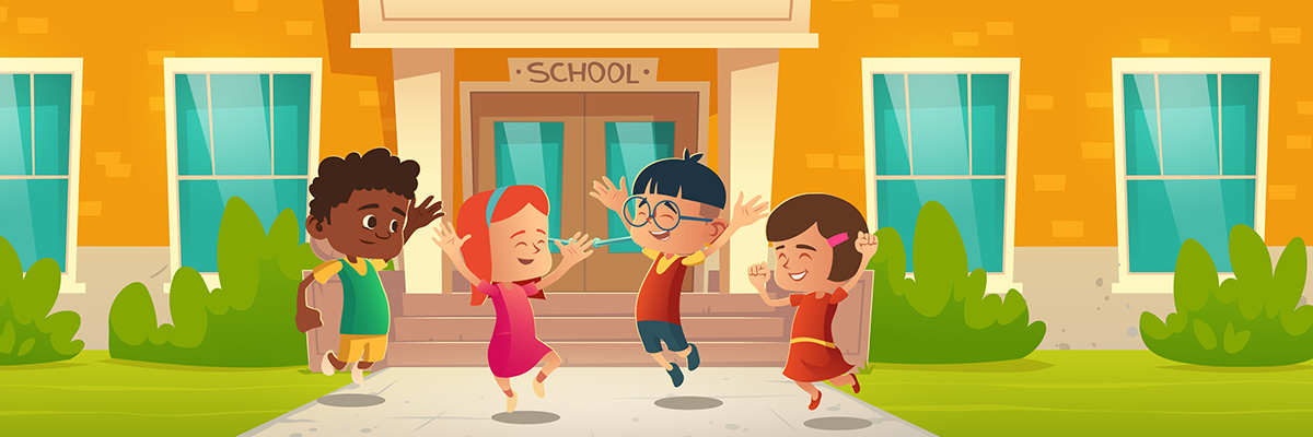 Cartoon students in front of school building.