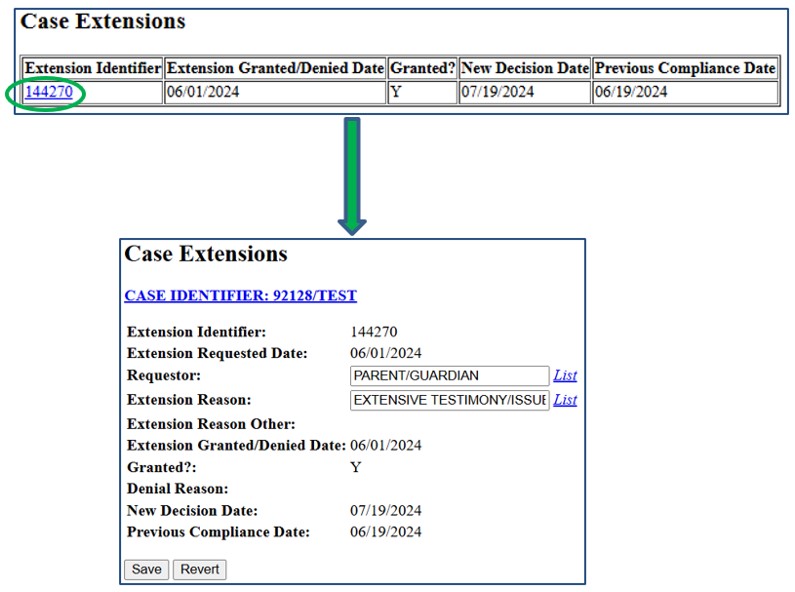 Screenshot of Case Extensions data as it appears on the Case Maintenance screen. Extension Identifier is circled. An arrow points to the Case Extensions data screen.