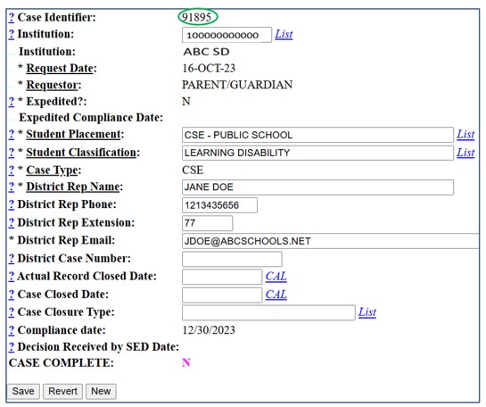 Screenshot of Case Maintenance screen. Case Identifier number is circled.