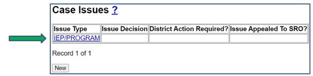 Screenshot of Case Issues data as it appears on Case Maintenance screen. Issue type link is indicated by an arrow.