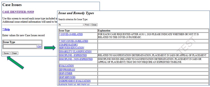 Screenshot of Case Issues screen with Issue and Remedy Types list. Save button is indicated by an arrow.