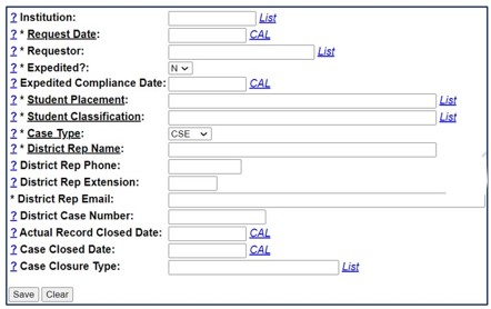 Screenshot of the Case Maintenance data entry screen.