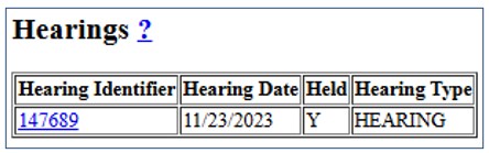 Screenshot of Hearing data as it appears on Case Maintenance screen.