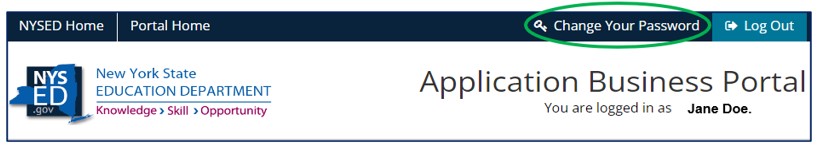 Screenshot of Application Business Portal dashboard. Change Your Password tab is circled.