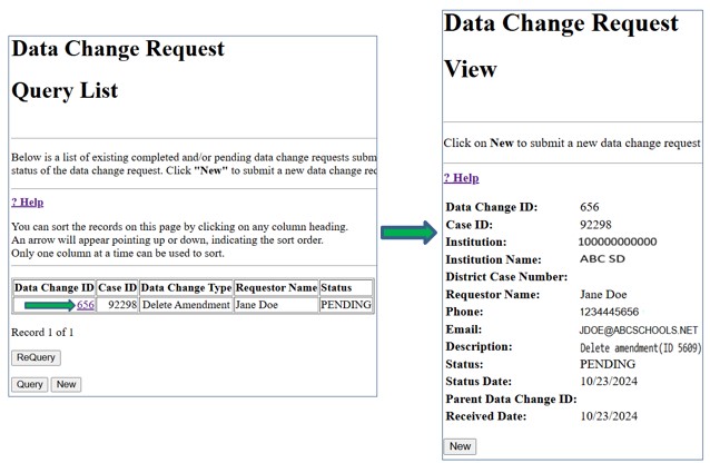 Screenshot of Data Change Request Query List with Data Change Request View. Data Change ID is indicated by an arrow.