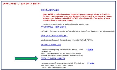 Screenshot of IHRS homepage. Link to District Initial Marker is indicated by an arrow.