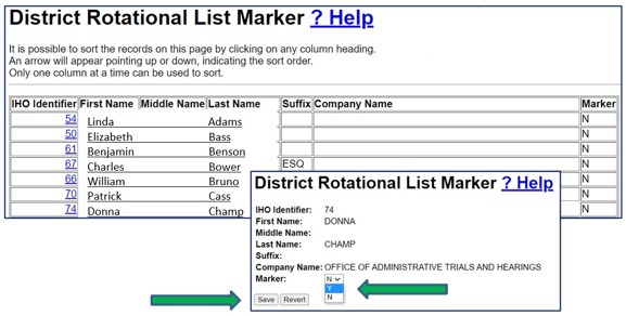 Screenshot of District Rotational List Marker page. Marker field and Save button are indicated by arrows.