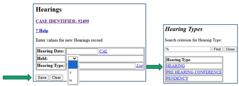 Screenshot of Hearings data entry screen. Hearing Types list and Save button are indicated by arrows.