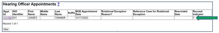 Screenshot of IHO Appointment data as it appears on the Case Maintenance screen. Recusal Indicator is indicated by an arrow.