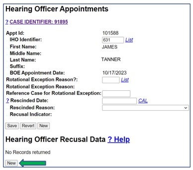 Screenshot of IHO Appointments screen. New button under Hearing Officer Recusal Data section is indicated by an arrow.