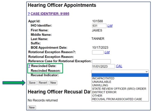 Screenshot of IHO Appointments screen. Rescinded Date and Rescinded Reason fields are circled. Save button is indicated by an arrow.