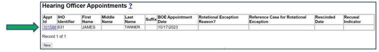 Screenshot of IHO Appointment data as it appears on the Case Maintenance screen. Appt Id link is indicated by an arrow.