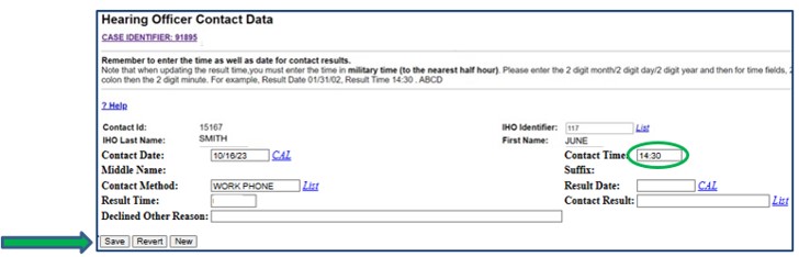 Screenshot of IHO Contact Data screen. Contact Time is circled and Save button is indicated by an arrow.