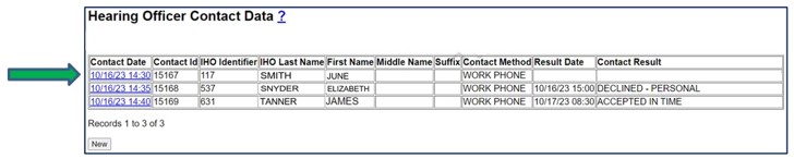 Screenshot of Hearing Officer Contact Data as it appears on the Case Maintenance screen. The Contact Date link is indicated by an arrow.