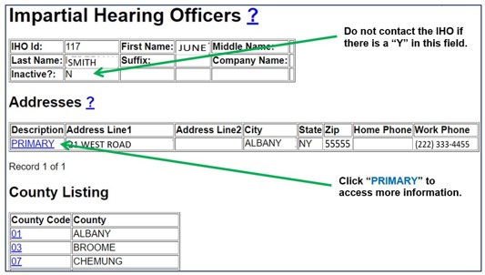 Screenshot of IHO contact screen. Inactive? and Primary fields are indicated by arrows.