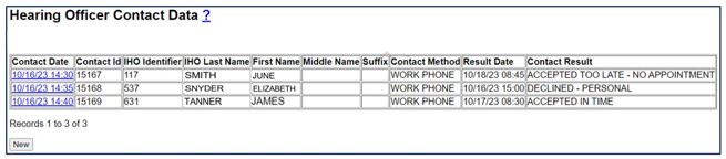 Screenshot of IHO Contact Results Data as it appears on Case Maintenance screen.