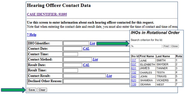 Screenshot of IHO Contact Data screen with IHOs Rotational Order list. Save button is indicated by an arrow.