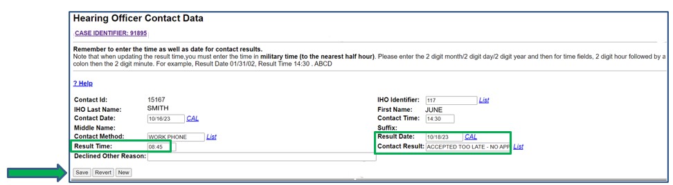 Screenshot of Hearing Officer Contact Data screen. Result Time, Result Date, and Contact Result fields are circled. Save button is indicated by an arrow.