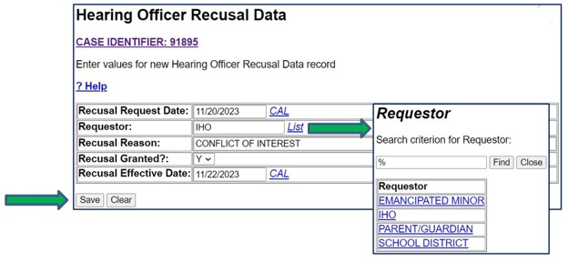 Screenshot of IHO Recusal Data screen with Requestor list. Save button is indicated by an arrow.