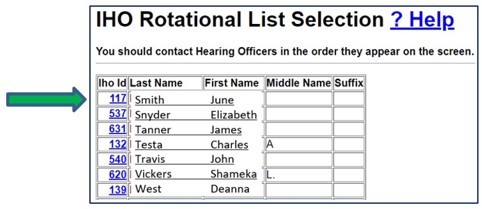 Screenshot of IHO Rotational List Selection screen. Iho Id number is indicated by an arrow.