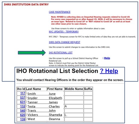 Screenshot of IHRS home screen with Impartial Hearing Officer (IHO) Rotational List Selection screen. The link to IHO Rotational List is indicated by an arrow.