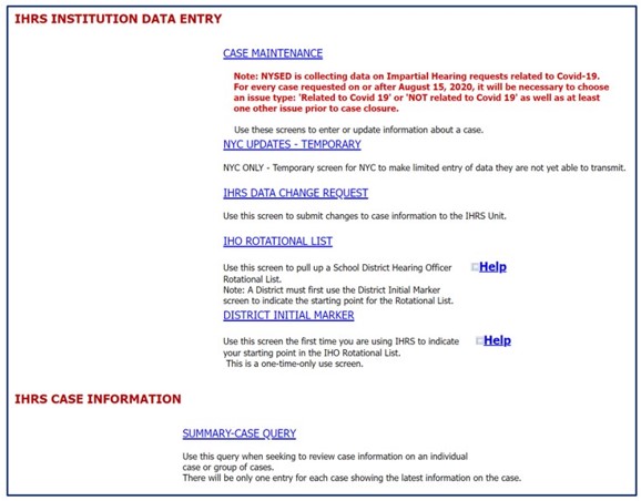 Screenshot of the Impartial Hearing Recording System (IHRS) home screen.