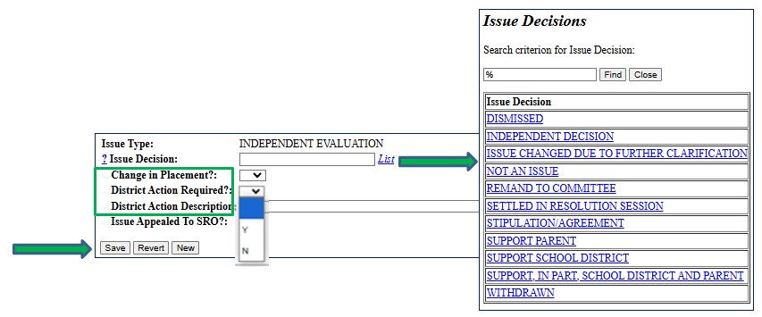 Screenshot of Issue Decisions screen. Issues Type list and Save button are indicated by arrows. Fields are circled.