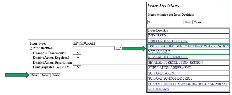 Screenshot of Issue Decisions screen with Issues Decisions list. Save button is indicated by an arrow.