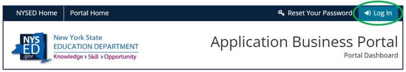 Screenshot of Application Business Portal dashboard. Log In tab is circled.