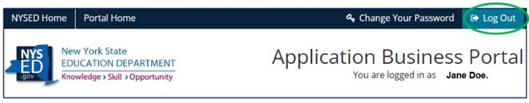 Screenshot of Application Business Portal dashboard. Log Out tab is circled.
