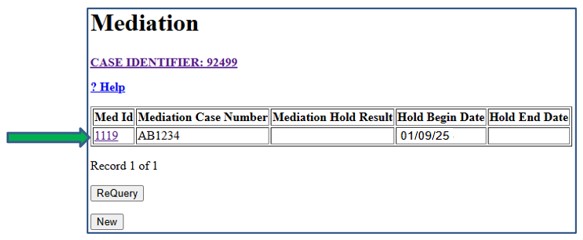 Screenshot of Mediation data entry screen. Mediation ID number is indicated by an arrow.