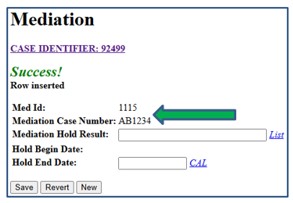 Screenshot of Mediation data entry screen. Mediation Case Number is indicated by an arrow.