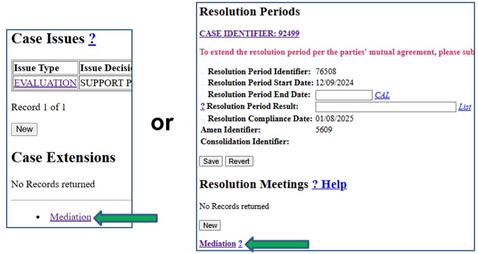 Screenshots of Case Maintenance and Resolution Periods data entry screens with mediation links indicated by arrows.