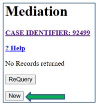 Screenshot of Mediation screen. New button is indicated by an arrow.