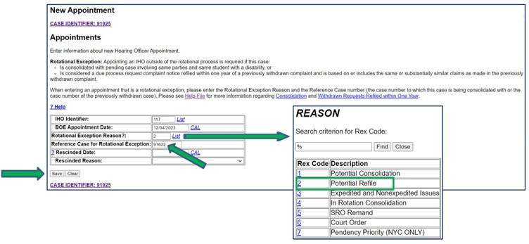 Screenshot of New Appointment screen with rotational exception Reason list. Potential Refile code is circled. Reference Case for Rotational Exception field and Save button are indicated by arrows.