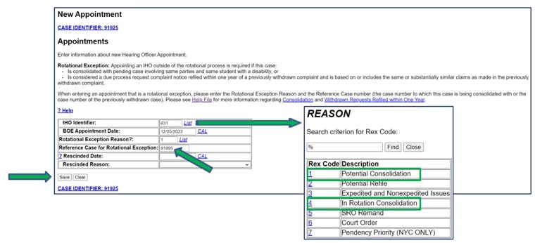 Screenshot of New Appointment screen with rotational exception Reason list. Potential Consolidation and In Rotation Consolidation codes are circled. Reference Case for Rotational Exception field and Save button are indicated by arrows.