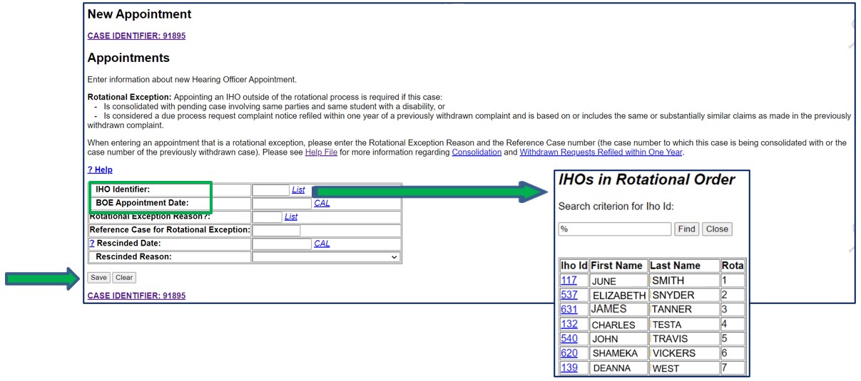 Screenshot of New Appointment screen with IHOs Rotational Order list. IHO Identifier and BOE Appointment Date fields are circled. Save button is indicated by an arrow.