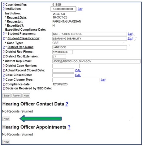 Screenshot of Case Maintenance screen. New button under Hearing Officer Contact Data section is indicated by an arrow.