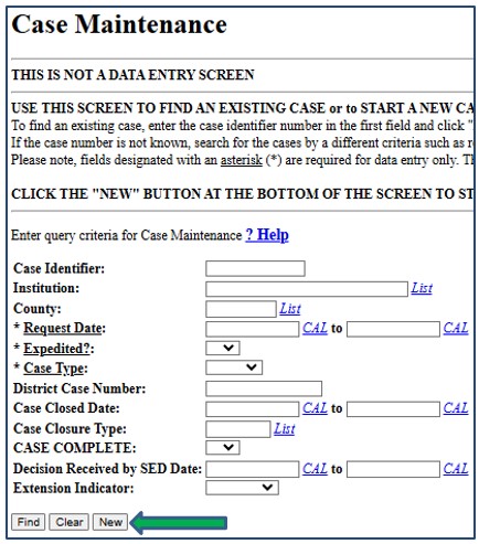 Screenshot of screen used to start or find cases. New button is indicated by an arrow.