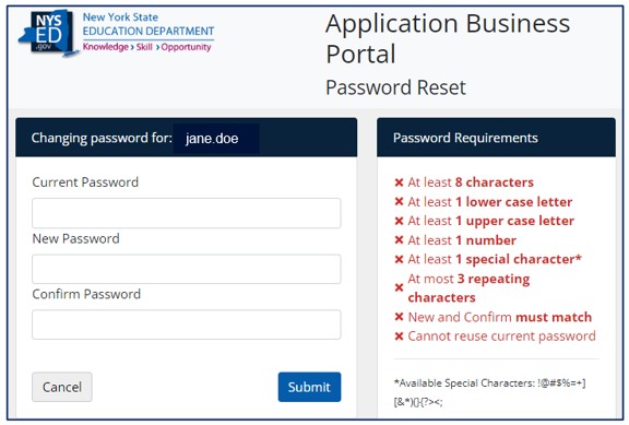 Screenshot of Application Business Portal Password Reset window. Current Password, New Password, and Confirm Password fields are displayed. Password Requirements are listed.