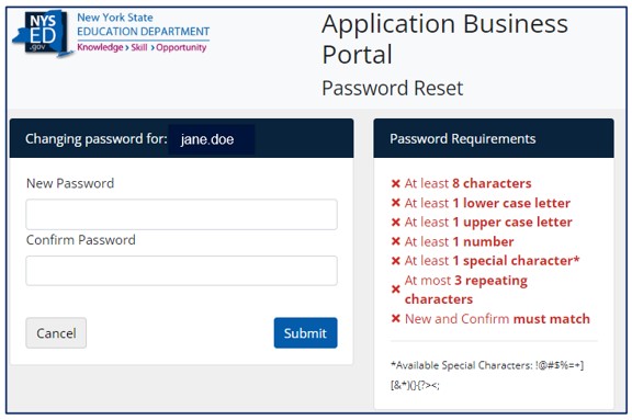 Screenshot of Password Reset window. New Password and Confirm Password fields are displayed. Password Requirements are listed.