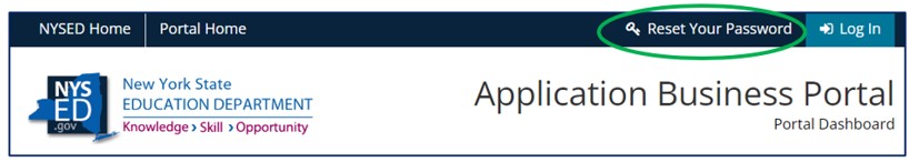 Screenshot of Application Business Portal dashboard. Reset Your Password tab is circled.
