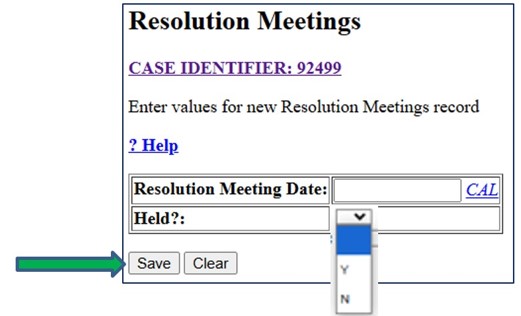 Screenshot of Resolution Meetings screen. Save button is indicated by an arrow.