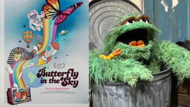 Reading Rainbow graphic: Butterfly in the Sky - The Story of Reading Rainbow Separate image showing Oscar the Grouch and Slimey the Worm in Oscar's trash can