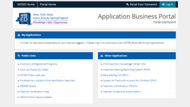 Screenshot of NYSED Business Portal Homepage